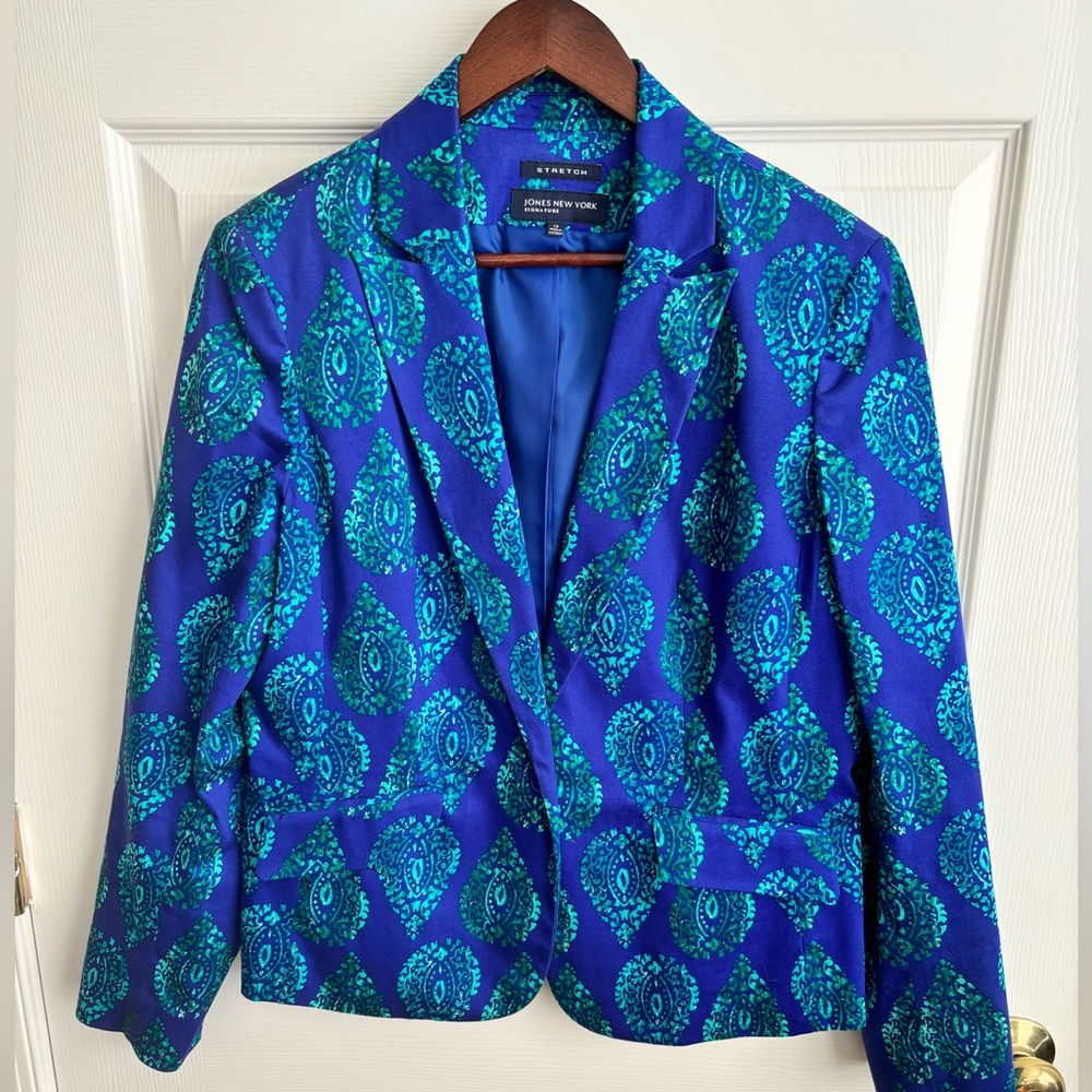 NWOT JONES NEW YORK SZ 12 BLUE GREEN BUTTON FULLY LINED COTTON BLEND JACKET